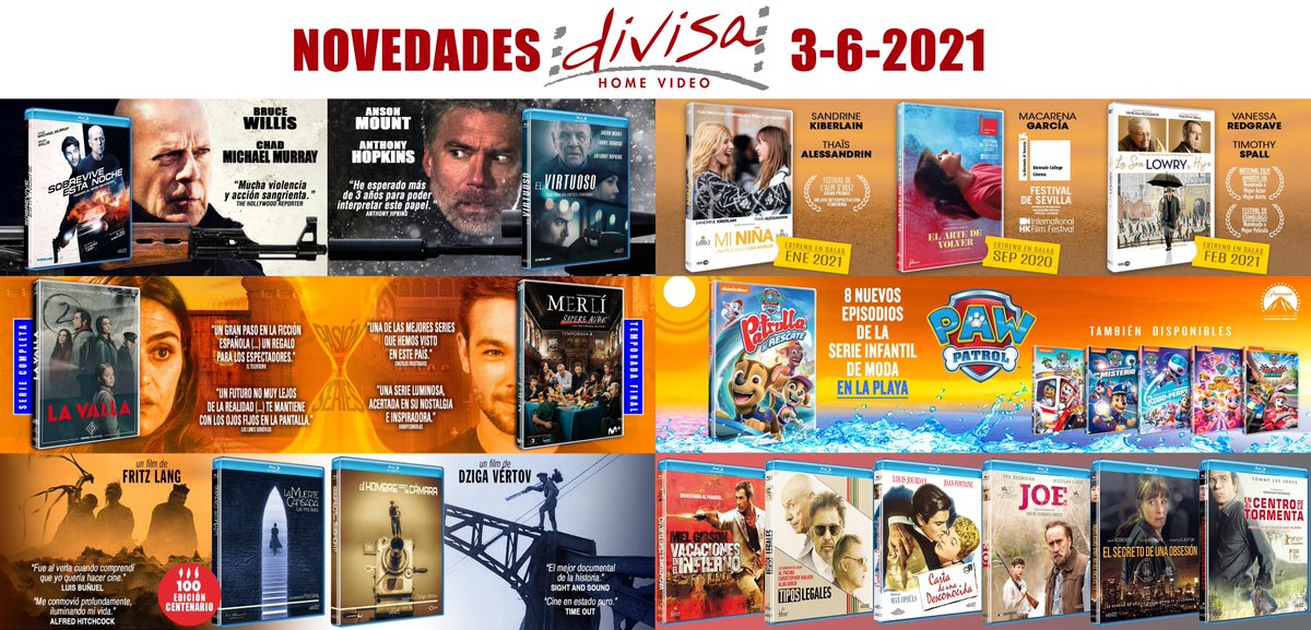 DivisaFilms's tweet photo. Ya están disponibles nuestras novedades en 📀Bluray/DVD del 3 de junio:
#SobreviveEstaNoche #ElVirtuoso #MiNiña #ElArteDeVolver #LaSraLowryEHijo #LaValla #MerliSapereAudeT2 #PawPatrol26 #LaMuerteCansada #ElHombreConLaCámara #VacacionesEnElInfierno  #CartaDeUnaDesconocida #Joe ... https://t.co/frpz9yIhYi