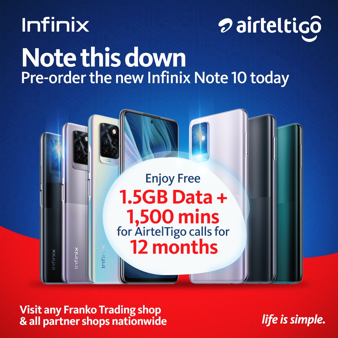 theatghana's tweet image. Pre-order the new Infinix Note 10 &amp;amp; get to enjoy data &amp;amp; call minutes for 12 whole months! 

Visit any Franko Trading, Telefonika, Compu Ghana &amp;amp; other partner shops nationwide to pre-order now. 

#LifeIsSimple #InfinixNote