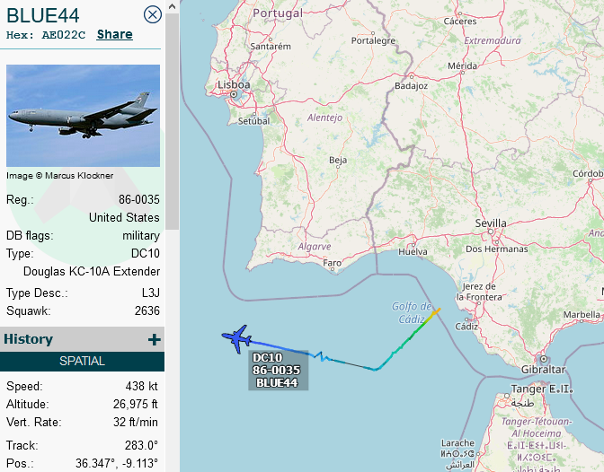 SirListenalot's tweet photo. #KC10 #AE022C as #BLUE44 en route Rota - McGuire at FL270, likely dragging three "FM" #F16's bound for Homestead via ALTRV: ORTOP - SONAP - LUTAK - N39W020 - N41W025 - N42W030 - N42W035 - N42W040 https://t.co/6p5geDcHMf