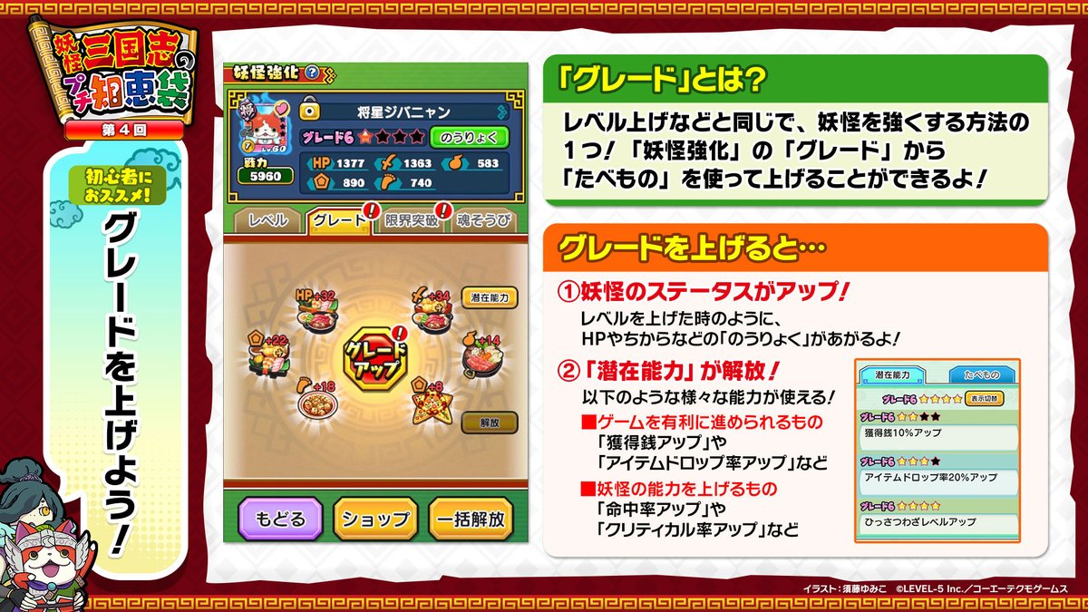 公式 妖怪三国志 国盗りウォーズ S Tweet 妖怪三国志のプチ知恵袋 Vol 4 ゲームを始めたばかりの方に向け 基本の遊び方や知っておくと便利な情報を紹介するプチ知恵袋 今回は グレード について 妖怪を強くするのに グレード上げは必須 使いたい潜在能力