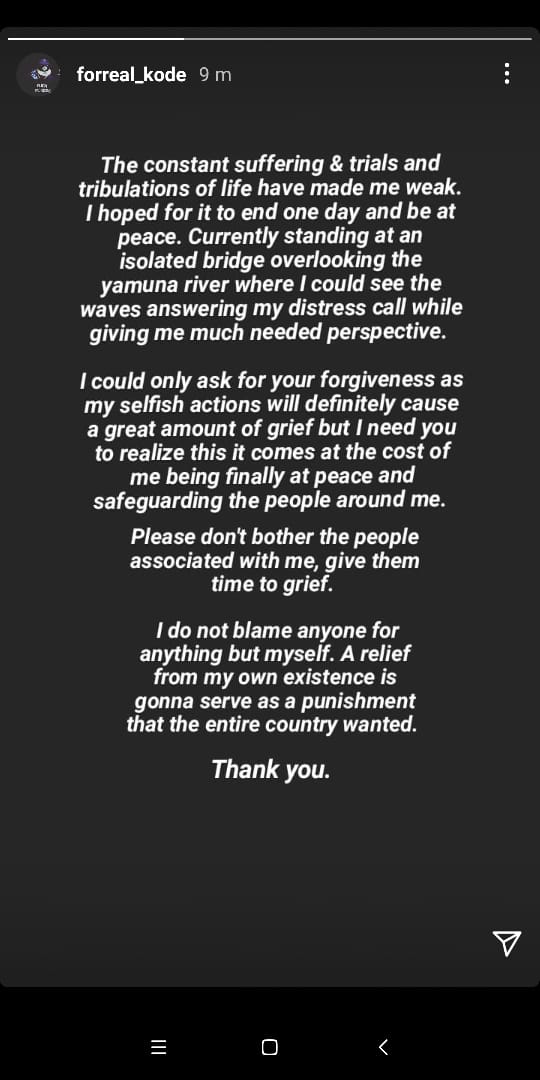 madaramusicin's tweet photo. @DelhiPolice  Please help us in finding MC KODE, His real name is Aditya Tiwari. He missing from last night(02/06/21) after posting potential suicide note. #findkode #SAVEMCKODE https://t.co/Cas4bjdgpc