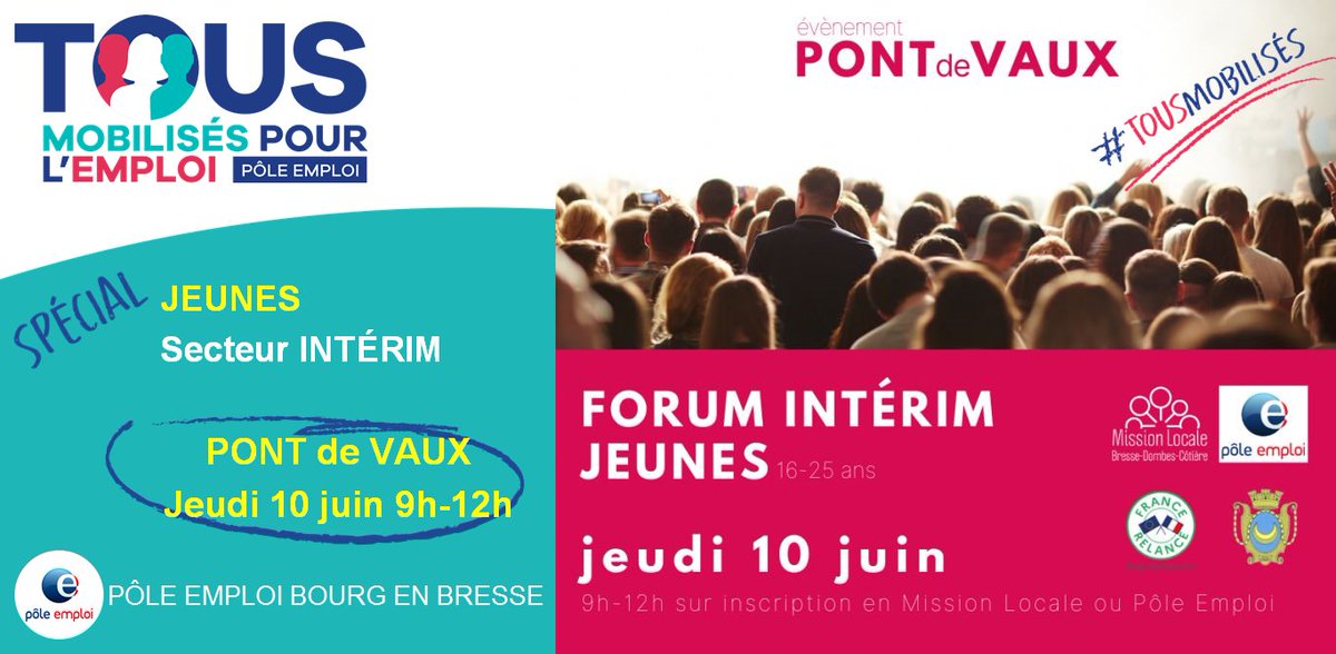 RenaudCharlesFT's tweet photo. [#TousMobilisés] pour trouver des solutions #emploi pour les #jeunes ❗
La mission locale #Bresse #Dombes Côtière et l'agence @poleemploi_ara #BourgenBresse organisent un forum #intérim à #PontdeVaux
Sur inscription pour votre sécurité 😷🧴
#1jeune1solution #OnEstLàPourVous https://t.co/uVEatU3Eg3