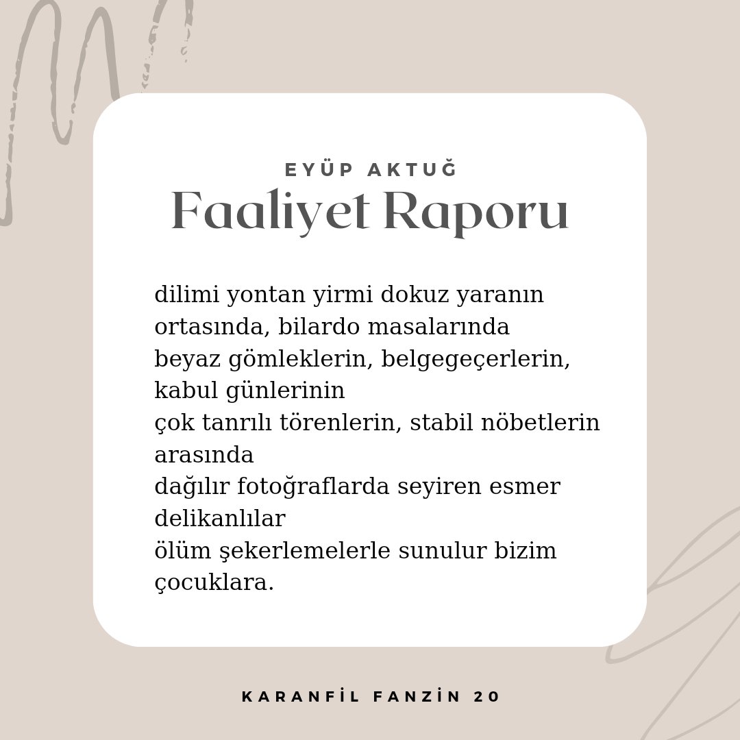 KaranfilFanzin's tweet photo. Faaliyet Raporu
Eyüp Aktuğ (@EyupAktug)
Karanfil 20

https://t.co/MAg0zZ1iSd https://t.co/MgPk2ncjrg