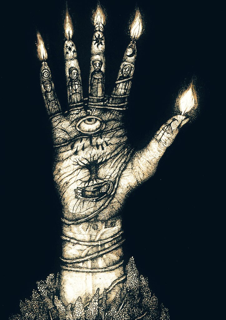 Hopeful lights in the dark.

#darkart #handofglory #Occult #fineliners #folkhorror #folklore