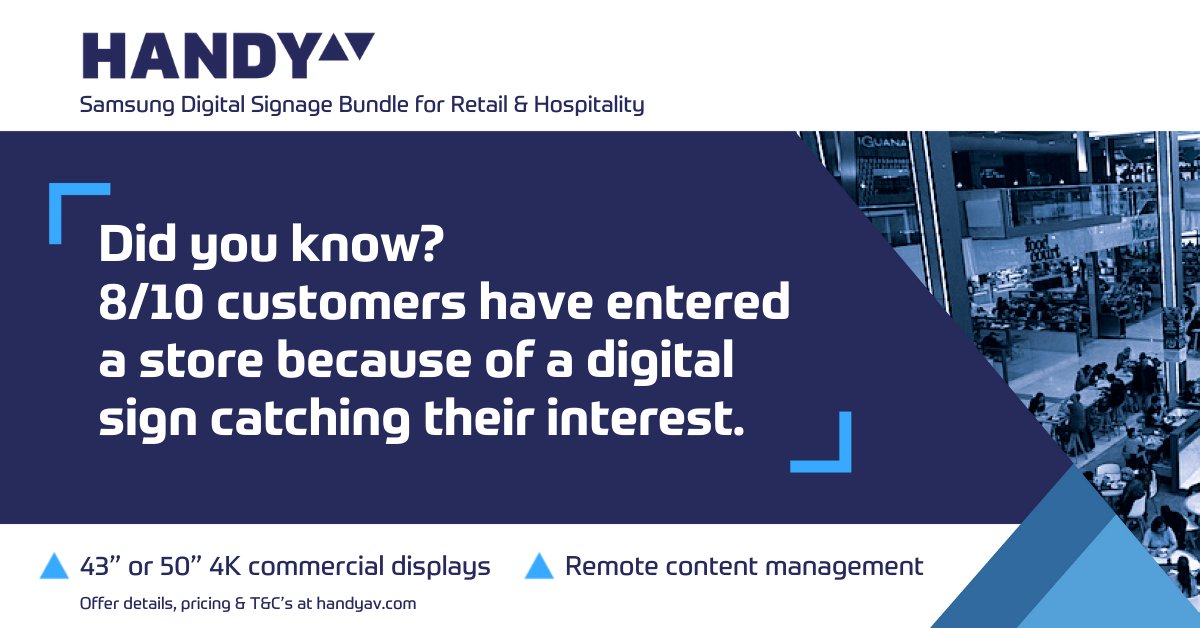 Attract customers back in-store with unmissable digital signage at unbeatable prices. 43” or 50” Samsung 4K resolution commercial display + bracket, installation and remote content management. More information about the Samsung digital signage bundle here: handyav.com/post/retail-an…