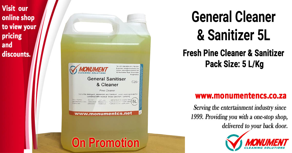 On #Promotion General Cleaner & #Sanitizer 5 Lt Fresh Pine cleaner & Sanitizer Suitable for all Surfaces Shop Here monumentcs.co.za/on-promotion-p… #sanitation #hygiene #water #coronavirus #health #cleaning #education #cleanwater #washyourhands #sanitationforall #healthylifestyle