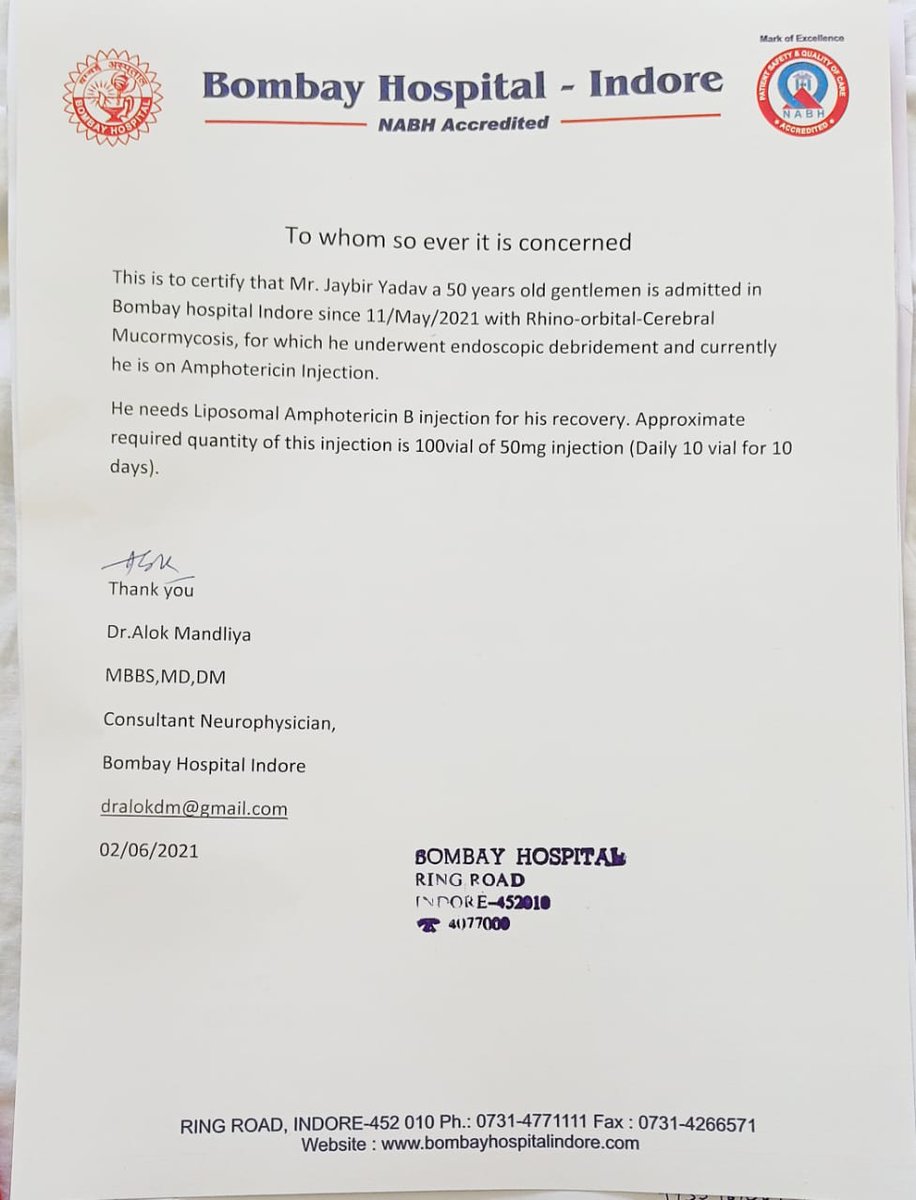 anusharavi10's tweet photo. #SOSIndore 
Help required in Indore for a 50 years old patient with mucormycosis. Patient in desperate need of Liposomal Amphotericin B injection. 
Request via- @Shreyarai_here

Patient name- Jaybir Yadav, Contact:  Yukta Yadav-9755961069
@srinivasiyc
@rohit_chahal
@OfficeOfKNath https://t.co/do6CQJmW5Y