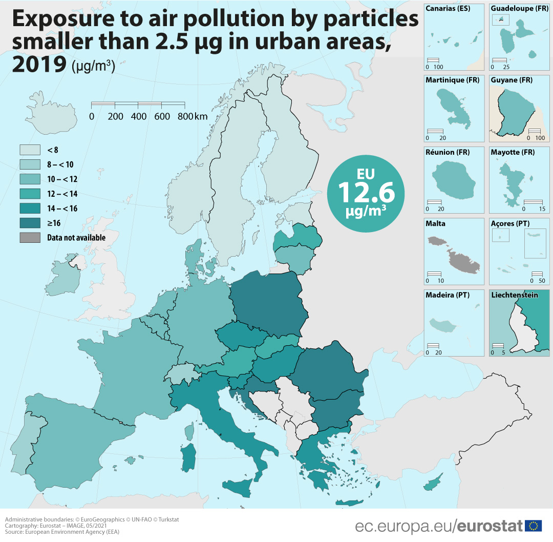 🏭🏙️ Highest annual mean concentration of fine particles (PM2.5) in urban areas:
🇧🇬 Bulgaria (19.6 μg/m3)
🇵🇱 Poland (19.3 μg/m3)
🇷🇴 Romania (16.4 μg/m3)
Lowest:
🇪🇪 Estonia (4.8 μg/m3)
🇫🇮 Finland (5.1 μg/m3)
🇸🇪 Sweden (5.8 μg/m3)
👉🏽 europa.eu/!QQ64dV
#EUGreenWeek #CleanAirEU