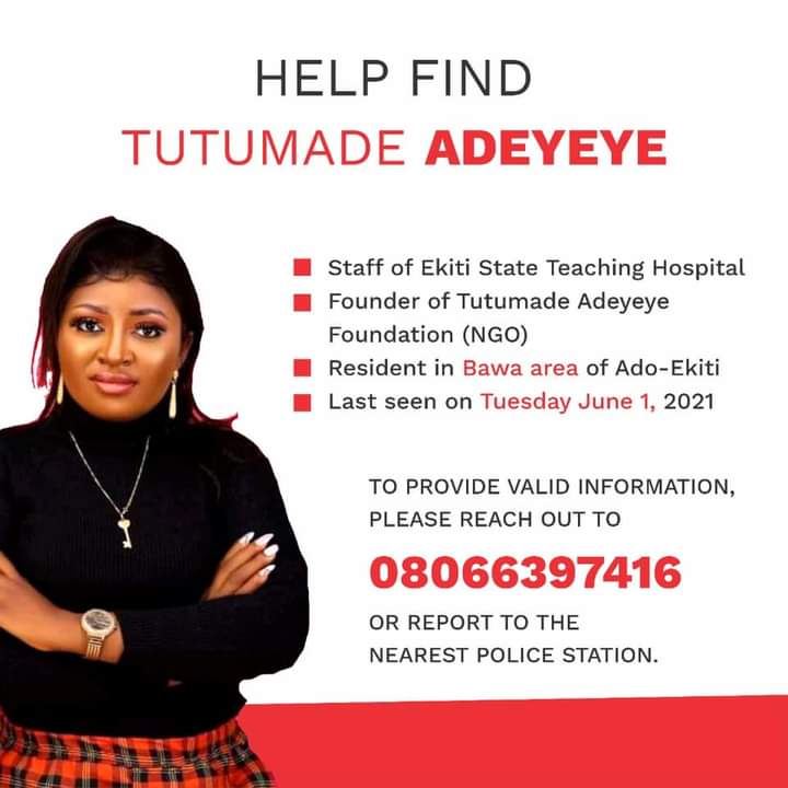 Discover_Ekiti's tweet photo. Serving Humanity is Her Calling,
Help #FINDTUTU
Cc
@ekitistategov 
@kfayemi 
@Above_Whispers 
@BsesEkiti 
@oapaynigeria 
@TanimolaKolade 
@AGWalefapohunda 
@ayoba951Fm 
@Voicefm899 
@freshfmadoekiti 
@Debiwumi 
@ekititrends 
@sdgsekitistate 
@similoluwa_awe 
@iamadaratosin https://t.co/X5EdgKTB3E