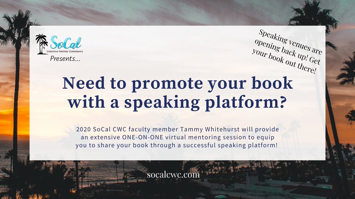 SoCalCWC's tweet photo. As a writer, have you been told you should have a speaking platform to promote your books? Does the idea of becoming a speaker seem daunting? SoCal CWC Presents one-on-one virtual mentoring for writers who want to become speakers with 2020 faculty member Tammy Whitehurst. https://t.co/j7bqUvhqn8