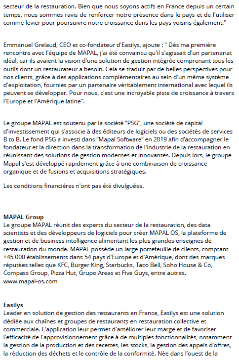JoinEasilys's tweet photo. Nous sommes ravis de vous annoncer que nous rejoignons le groupe MAPAL soutenu par le fonds #PSG_equity pour former une suite performante et intégrée d’applications de gestion du back-office pour le secteur de la #restauration multisite. #foodtech https://t.co/KtS45FYwk7