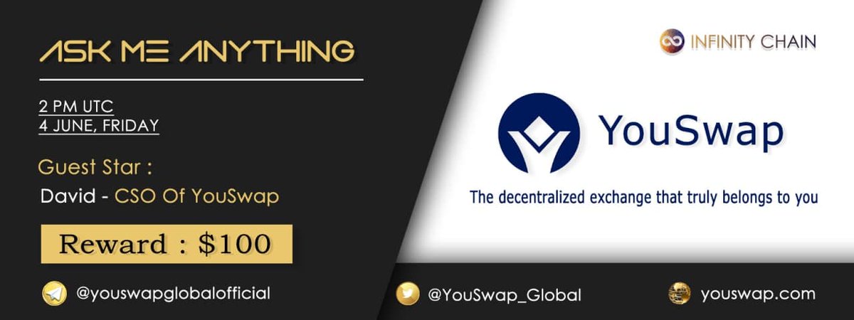 Infinity_Chains's tweet photo. Hello community, We're having an #AMA with YouSwap on 4 June 2021 | 2 PM UTC

Rules: 
1. Detail https://t.co/USDn0iM7x6
2. Follow Twitter 
@Infinity_Chains &amp; @YouSwap_Global
Like, Retweet, Comment max 3 Question &amp; Tag Your Friends https://t.co/MUepzklFTO