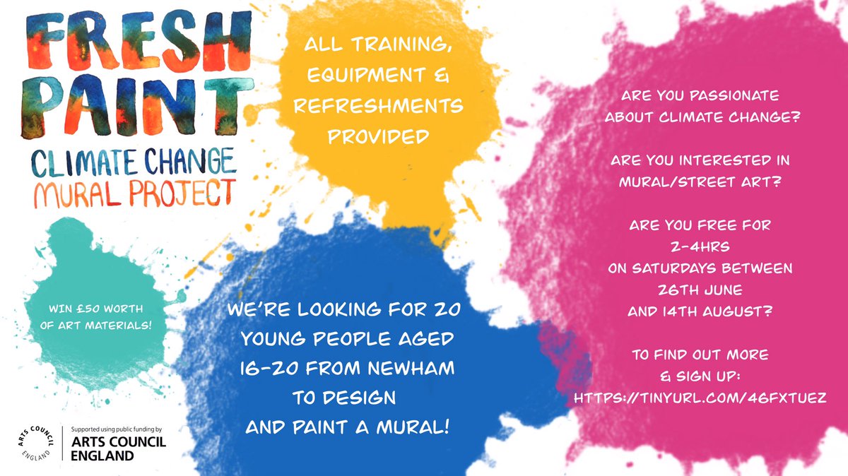 FreshPaintNHM's tweet photo. FRESH PAINT IS RECRUITING! LOOKING FOR YOUNG PEOPLE AGED 16-20 FROM NEWHAM TO DESIGN AND PAINT A CLIMATE CHANGE MURAL https://t.co/amyeKtzGWW https://t.co/Otwa3JFN3O