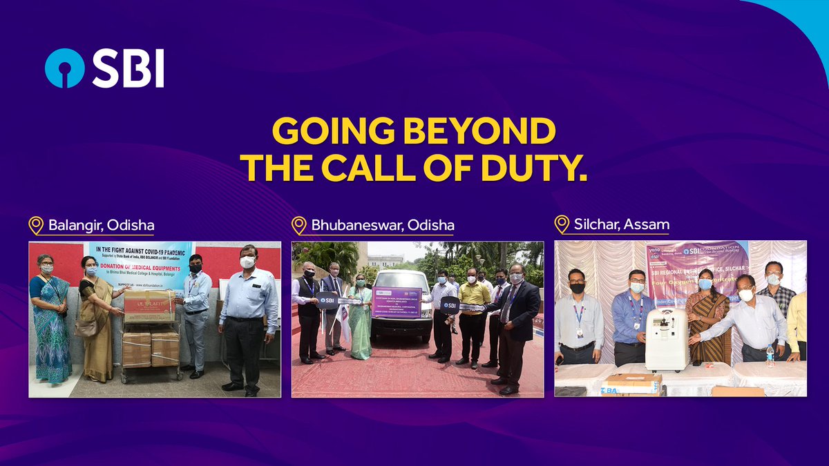 SBI teams at Balangir and Bhubaneswar in Odisha handed over life saving equipment and an ambulance while the team at Silchar in Assam helped with Oxygen Concentrators. We promise to serve our nation in this battle against #COVID19.

#SBIAapkeSaath #StayStrongIndia #TeamSBI