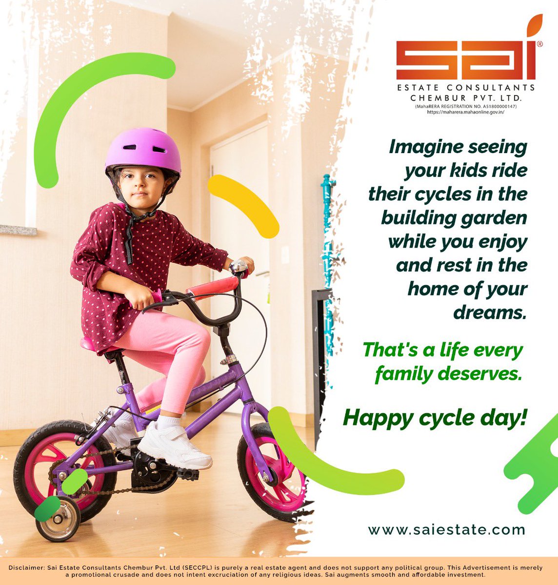 Imagine seeing your kids ride their cycles in the building garden while you enjoy and rest in the home of your dreams. 
That's a life every family deserves. 
Happy cycle day!

#WorldCycleDay #bicycleday #worldcycleday2021 #saiestates #realestates