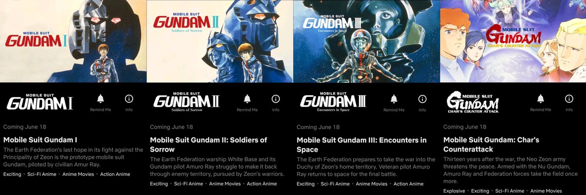 WTK's tweet - 'Scheduled to stream June 18: - Mobile Suit Gundam I - Mobile  Suit Gundam II: Soldiers of Sorrow - Mobile Suit Gundam III: Encounters in  Space - Mobile Suit Gundam: Char's Counterattack ' - Trendsmap