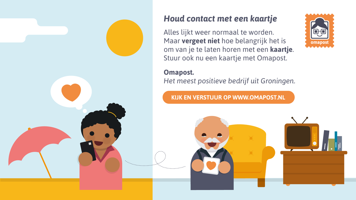 Omapost's tweet photo. We hebben een nieuwe reclamecampagne. Heb jij onze uitingen al gehoord of gezien op @rtvnoord? 🎧🧡  #rtvnoord #omapost #meestpositievebedrijfvangroningen #groningen #lieveoma #kaartjesversturen https://t.co/YEUJgpbk92