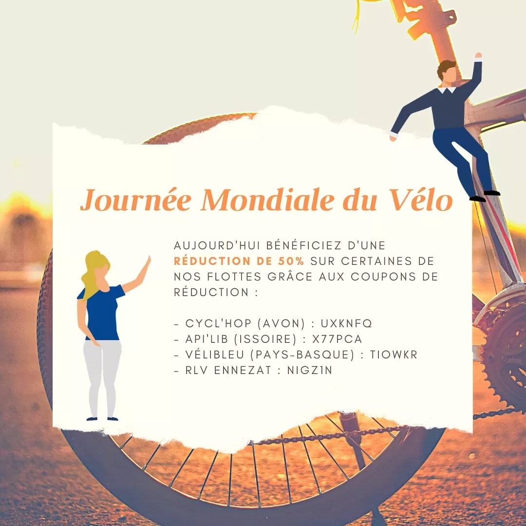 Aujourd'hui à l'occasion de la journée mondiale du vélo bénéficiez de 50% de réduction sur votre course sur certaines de nos flottes ! 
Plus d'excuses pour ne pas pédaler  ! Entrez le code promo ci-dessous directement dans l'application ! #journeemondialeduvelo #veloconnecte