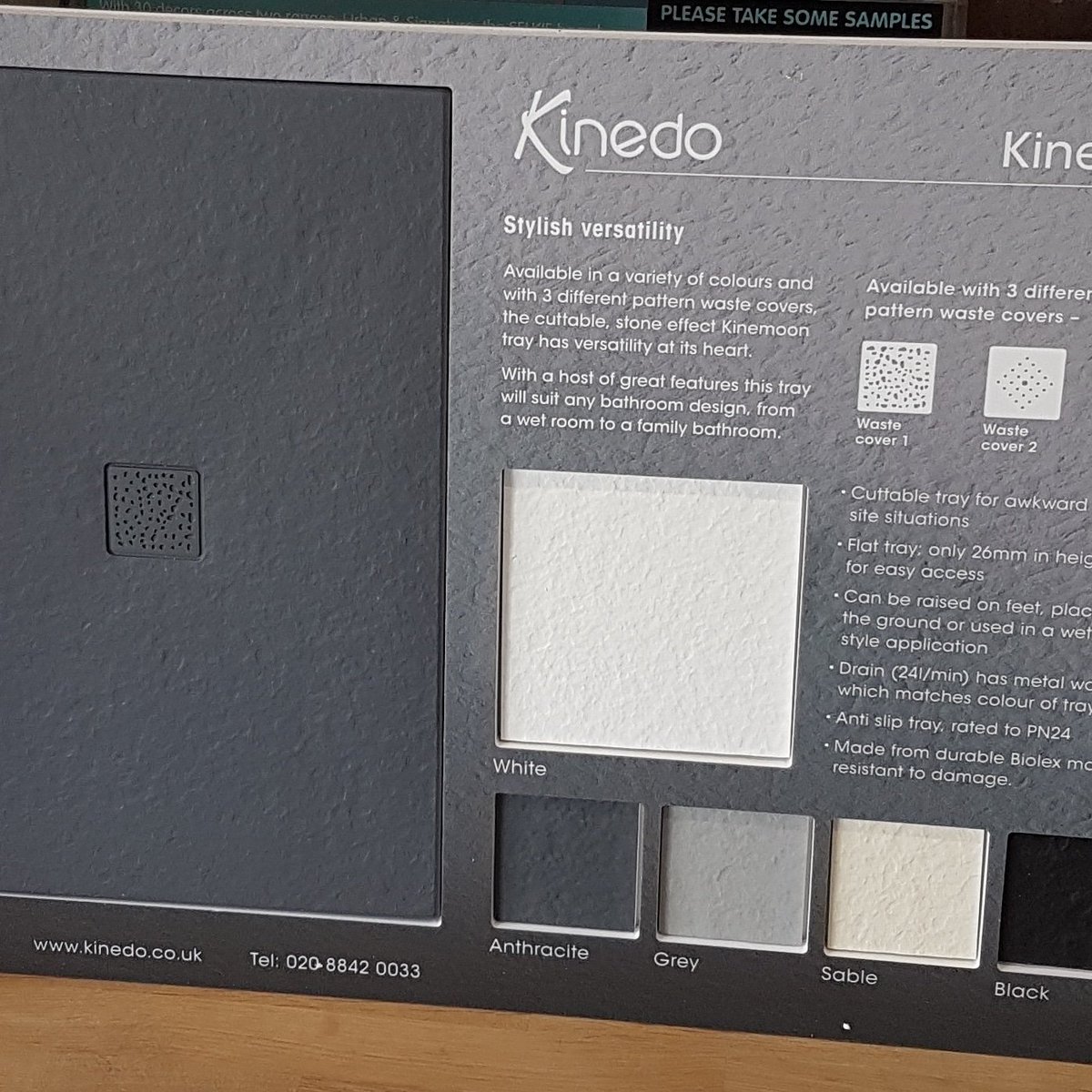 HawkstownHeatin's tweet photo. Kinedo by Saniflo Shower Trays. Great product plus some trays can be cut to requirements.  Display board with texture samples in our showroom in Hailsham https://t.co/0pPGtXxMVJ
