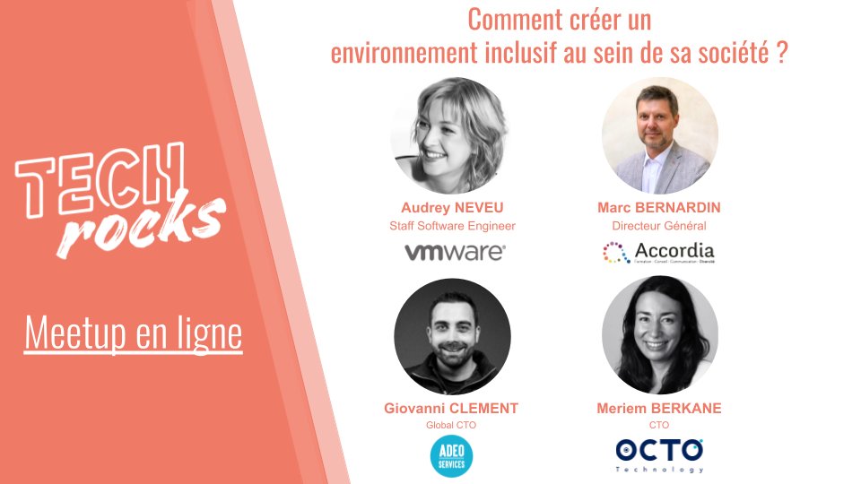 🎥 Le #replay du #meetup sur l’#inclusion est en ligne ! Revivez les interventions de @Audrey_Neveu, Staff Software Engineer @VMware_Fr, @Marc_Bernardin_, Founder de Accordia, & @gioindahouz , Global CTO @Adeo . Et @Mriem2B1, CTO @OCTOTechnology, en hôte.▶bit.ly/34JbgZm