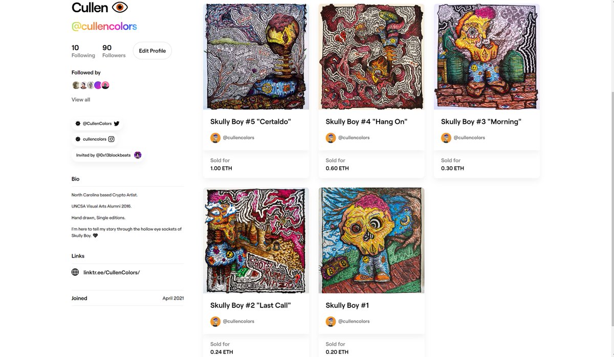 Skully Boy series officially SOLD OUT on FND🙌

Thank you <a href="/Kenshiro_NFT/">Gameland</a> for buying me out of my final 1/1 editions. Honored to be noticed by you🖤

@0x13BlockBeats Thank you for inviting me to FND and giving me such a strong head start🙏

First minted NFT, April 13th. What a ride