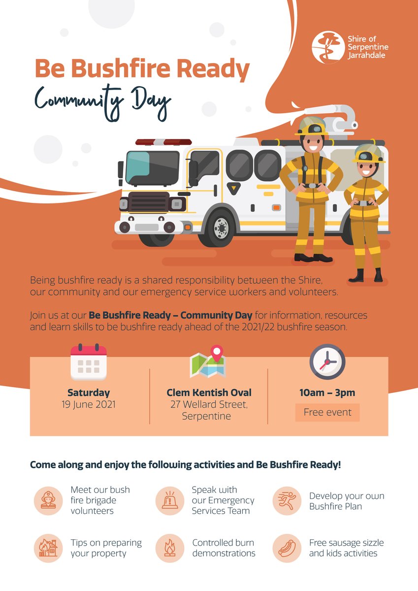 shireofsj's tweet photo. Join us at our #BeBushfireReady – Community Day for information, resources and learn skills to be bushfire ready ahead of the 2021/22 bushfire season.
📅 Saturday, 19 June
⏰ 10am - 3pm
📍 Clem Kentish Oval, Serpentine
More info >> https://t.co/VBAzRnD7E0 https://t.co/5uJ7GfJPsg