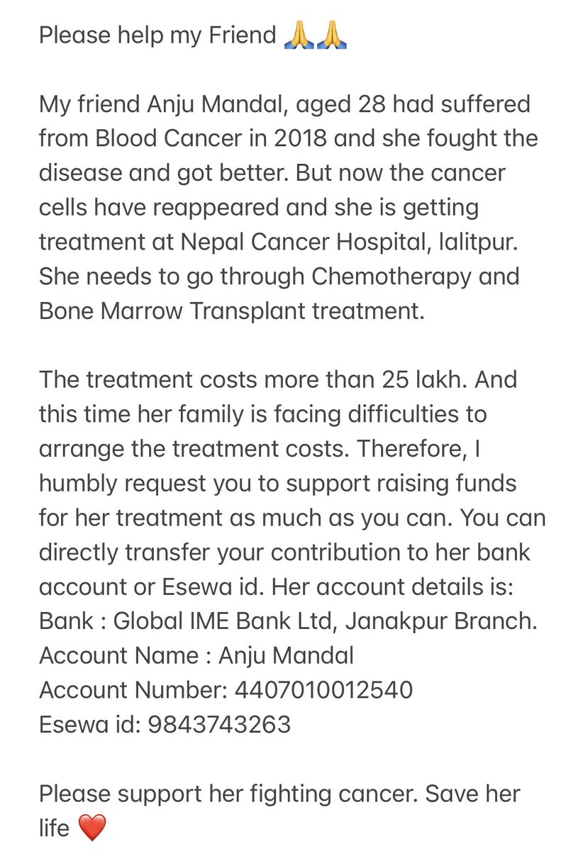 Amitaydv's tweet photo. @SonuSood @SoodFoundation 
Anju Mandal,28 had suffered from Blood cancer in 2018 and recovered but cancer cell has repeated again and going through chemotherapy and bone marrow transplant too. The treatment costs more than 30 lakhsNRS. Even small contribution will be appreciated https://t.co/7ZAMzta82o
