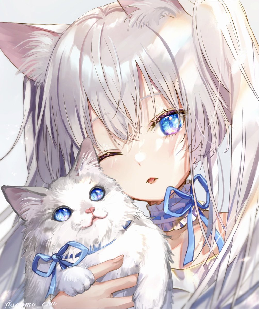 1girl one eye closed blue eyes animal ears cat ears cat tongue  illustration images