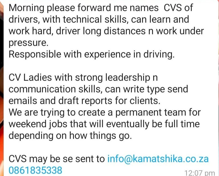 NtebogelengS's tweet photo. Please let's pass the message and fight unemployment 🙏
It's only for people in Bloemfontein, so if you know anyone please let them know❤️
#thankyou❤️ https://t.co/PjnnHaUq9y