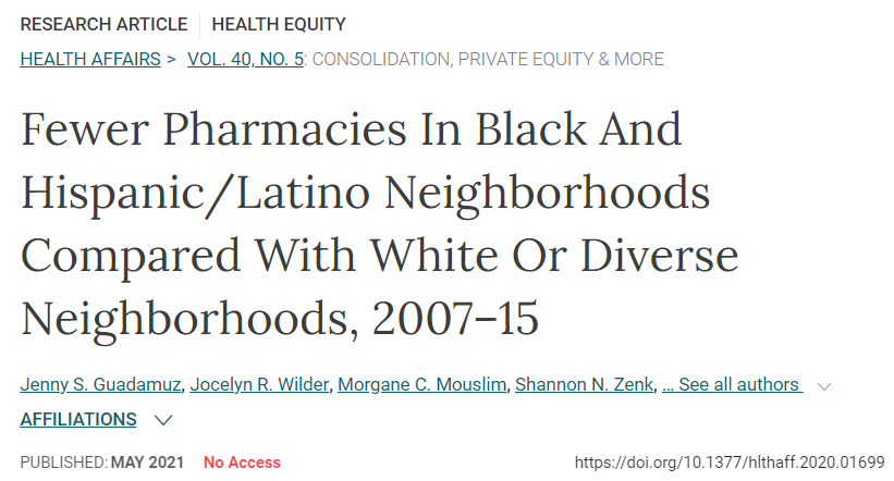 USA: Research - Lack of accessibility to community pharmacies could contribute to health inequalities! <a href="/CommPharmacy/">NCPA</a> <a href="/PharmGuildAus/">The Pharmacy Guild of Australia</a> @Healthier_Aust loom.ly/-vxpWcs
