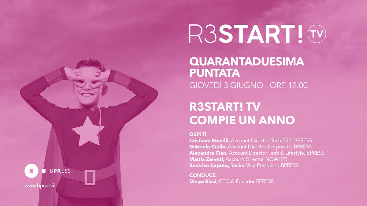 BPRESS_IT's tweet photo. Happy birthday, R3START! TV 🎂 Festeggiamo con una puntata speciale insieme a Cristiana Rovelli, @alexandracian, @gabrindisi, @metiu e @beacaputo. Ci vediamo alle 12 sui nostri canali Facebook e Youtube!📌⏰ 👉🏻 https://t.co/hQ0103CbVy 
#BPRESS #TheHeroMakers #R3START https://t.co/1BLpiwMlDx