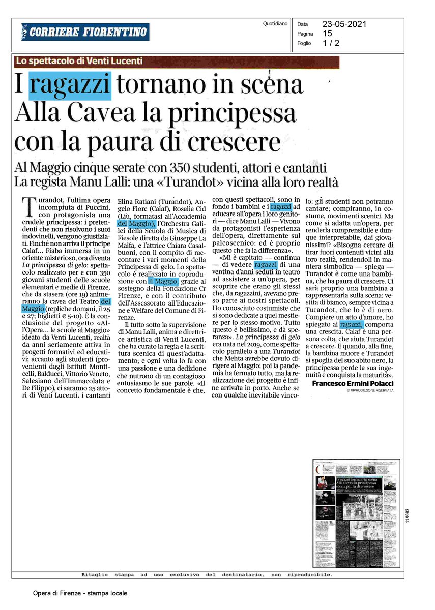 VentiLucenti's tweet photo. #RassegnaStampa #LaPrincipessaDiGelo #83FMM
Ringraziamo #FrancescoErminiPolacci del @corrierefirenze per l'articolo dedicato al nostro spettacolo.
Courtesy of @maggiomusicale.
@FondazioneCRF #accademiadelmaggiomusicale #scuolamusicafiesole https://t.co/ghnFU2LZTv