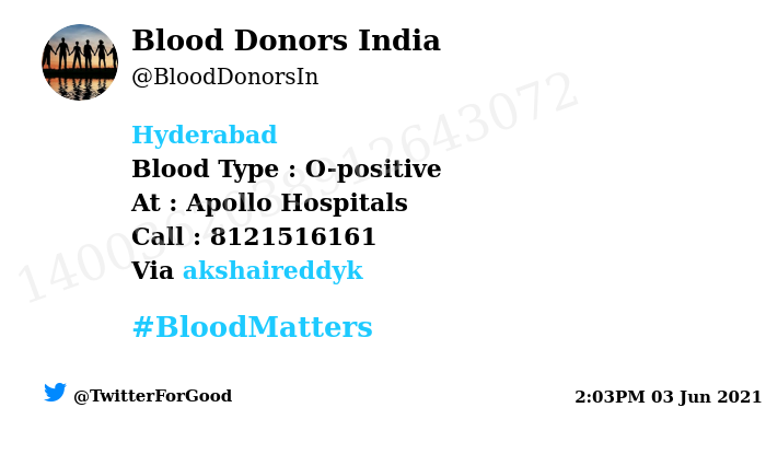BloodDonorsIn's tweet image. #Hyderabad
Need #Blood Type :  O-positive
At : Apollo Hospitals
Blood Component : Blood
Number of Units : 2
Primary Number : 8121516161
Patient : Sunanda Reddy
Illness : Lungs Surgery
Via: @akshaireddyk
#BloodMatters
Powered by Twitter