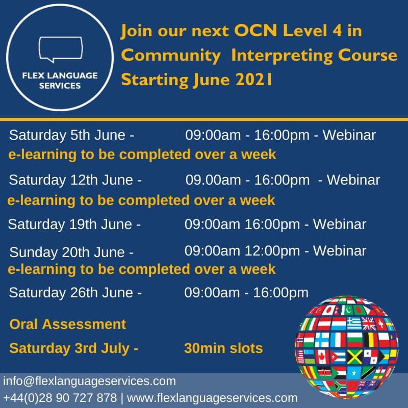 🗓 DATE FOR THE WEEKEND JUNE DIARY
🎓 Our next OCN Level 4 in Community Interpreting will begin this Saturday 5th June
▪To register your interest get in touch today!
⌨️ Contact us today for more information
📞 07567957939
📩 coleen@flexlanguageservices.com