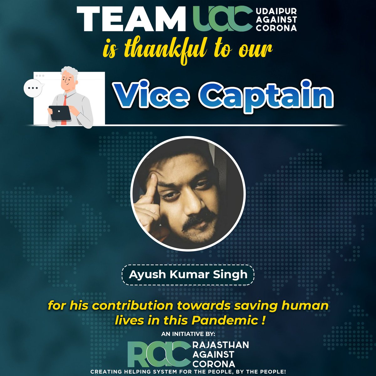 CoronaUdaipur's tweet photo. Team UAC is thankful to our Vice Captain for his selfless contribution towards saving human lives in this Pandemic!

He assisted Team UAC for Overall Resource &amp; Team Management, System Implementation in other cities as well. 

#udaipur #उदयपुर #udaipuragainstcorona #rajasthan https://t.co/hzkFbi3zWE