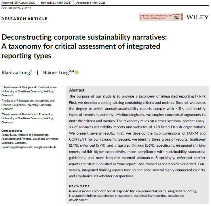 LuegRainer's tweet photo. Our new article on #IntegratedReporting in 'Corporate Social Responsibility and Environmental Management'. Many thanks to my brilliant co-author @LuegKlarissa!
https://t.co/HfeO70zWT4
#openAccess #Wiley #CSREM
#IIRC #IR #CSR #sustainability #stakeholder
#leuphana #leupht https://t.co/hw1YcF8ahj