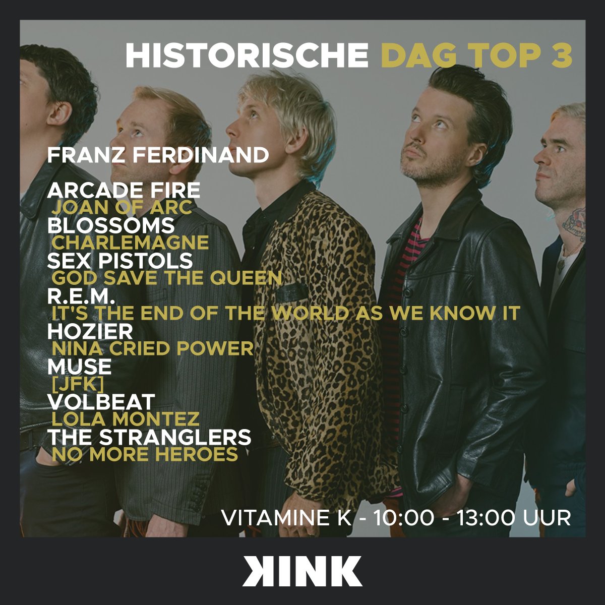 KINKpuntnl's tweet image. Vandaag in de Dag Top 3 van Vitamine K: muziek met een verwijzing naar historische figuren! Of het nou in de titel, bandnaam of songtekst zit, we zijn op zoek naar suggesties! Welk historische nummer wil jij horen? 🏛️👇