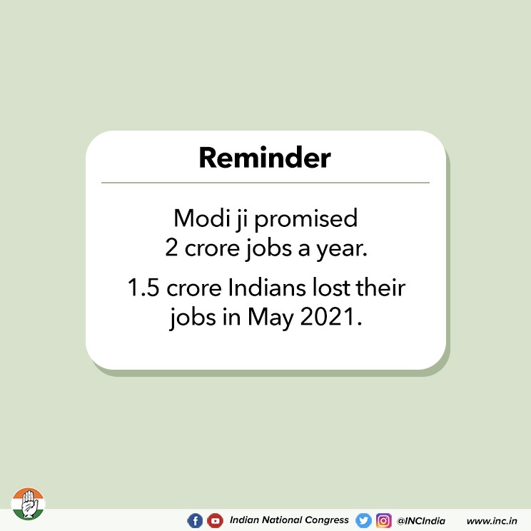 MahilaCongress's tweet photo. Modiji promised 2 Crore Jobs every year. 

1.5 Crore Indians are jobless in May 2021, itself. 

#अबकी_बार_करोड़ों_बेरोजगार https://t.co/hRYeQVkjI9