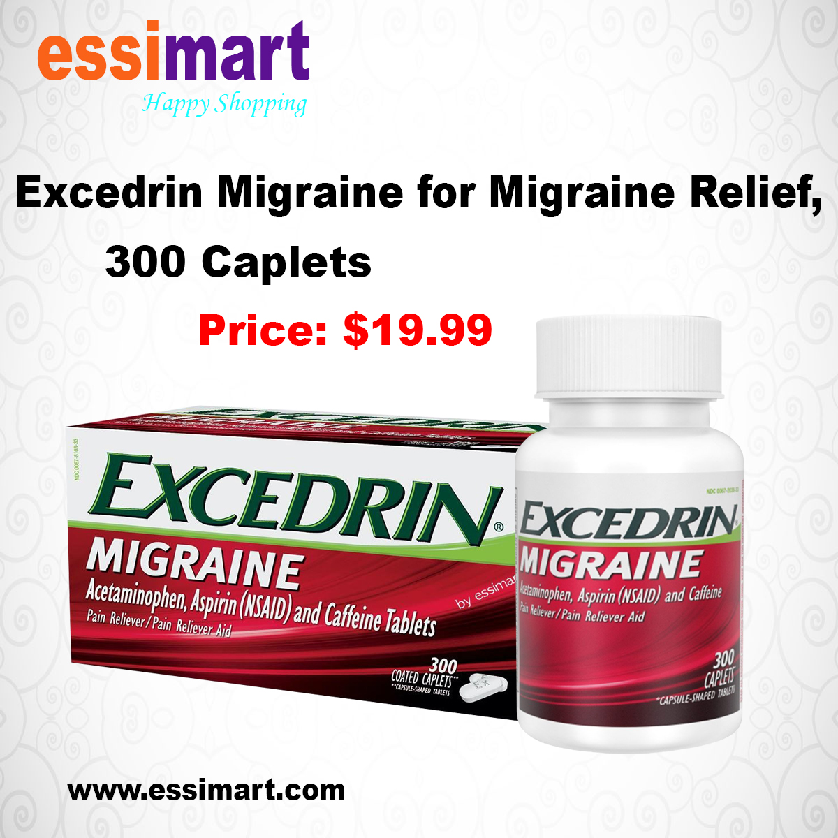 essimart's tweet image. Excedrin Migraine for Migraine Relief, 300 Caplets
Price: $19.99
Details: essimart.com
Features:
Approved by the FDA
Starts to Relieve Migraine Pain in 30 Minutes
Relieves Pain, Nausea and Sensitivity to Light and Sound
Specialized Triple Action Formula Combines 2 Pain