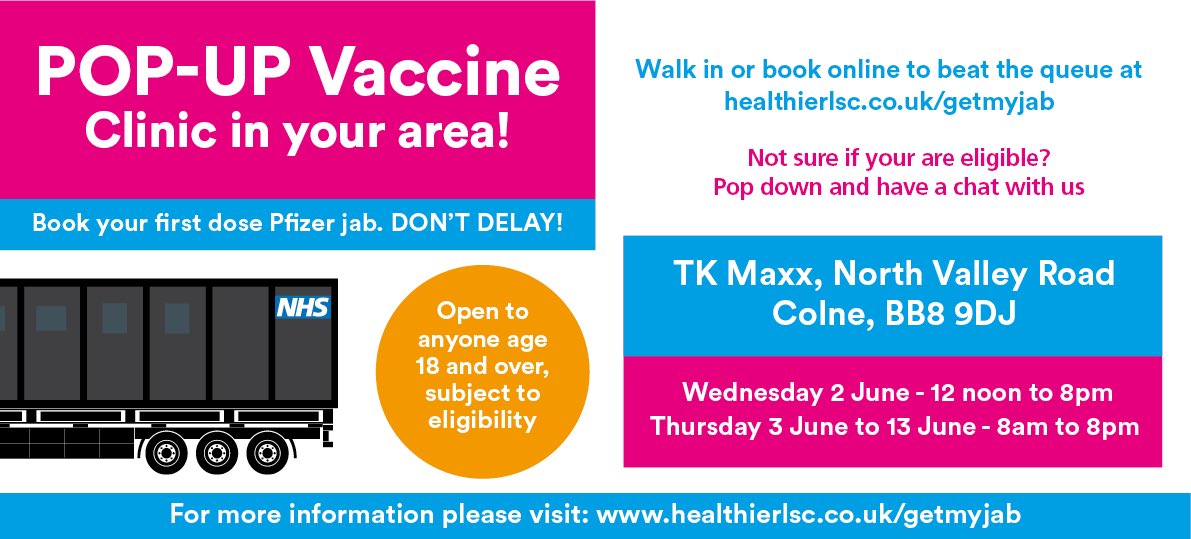 If you’ve not had your first dose of the #Pfizer vaccine yet, come along to North Valley Road in #Colne today. Walk ins and appointments available. #CovidVaccine
