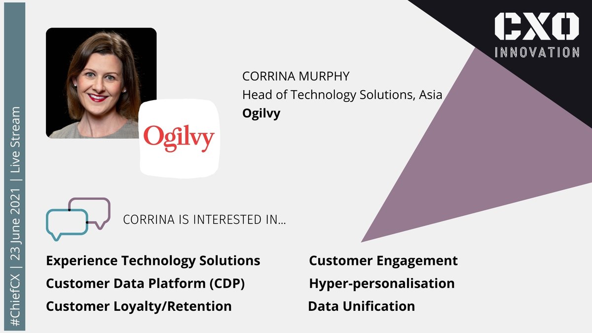 CXOInnovation's tweet photo. Welcome Ms Corrina Murphy, Head of Technology Solutions from @Ogilvy who will be presenting at our Virtual Chief Customer Experience Officer Summit! Find out more: https://t.co/vgqCd5pEEz #cxoinnovation #cxo #csuite #ccxo #chiefcx #customerjourney #customerexperience #cdp https://t.co/0qwGuPX9gM
