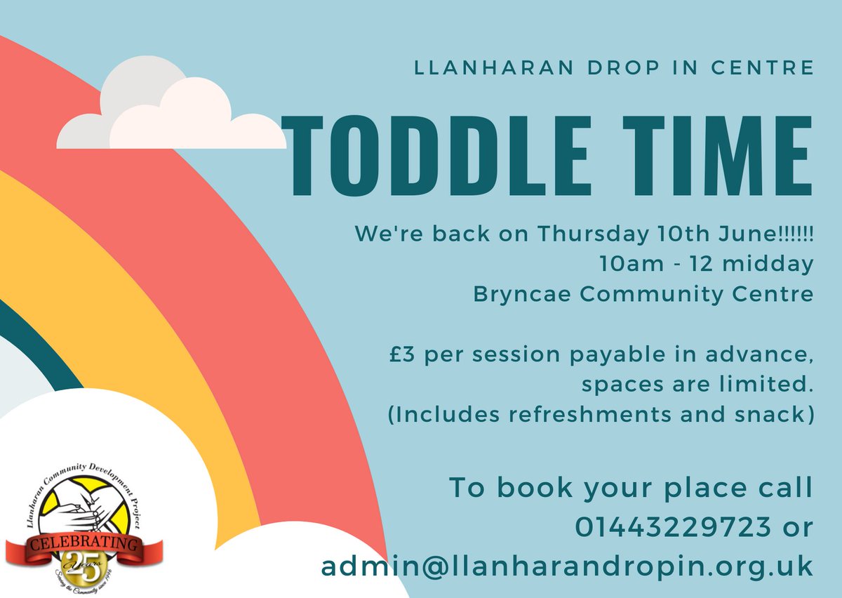 LCDP Toddle Time is back on Thursday 10th June. To pre-book your space call 01443 229723 or email admin@llanharandropin.org.uk  Sessions cost £3 each and includes refreshments and a snack. Booking is required, and payment can be taken over the phone or via BACS.

#lcdptoddletime