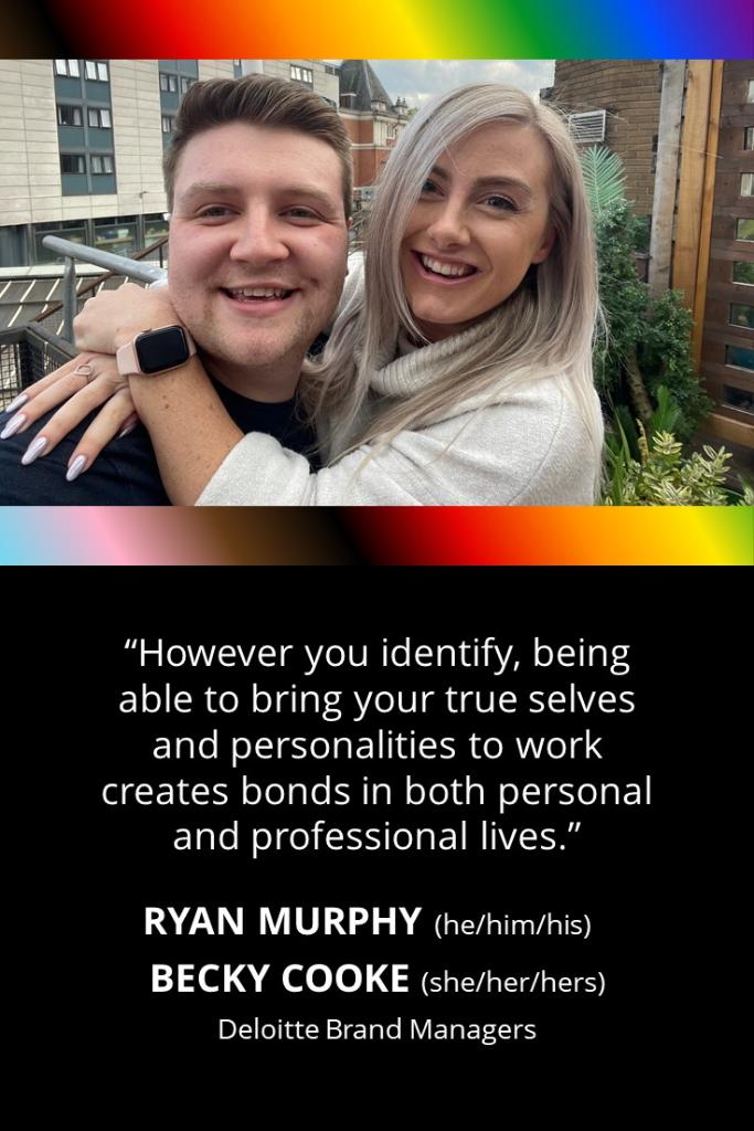 DeloitteUK's tweet photo. What does Pride mean to you? 
Becky joined us during lockdown and after a year of virtual working (and a mutual love for Ru Paul and Dolly Parton), has made best of friends with her out and proud colleague Ryan. 🌈🌈 #ShareWithPride #LGBTQAlly https://t.co/fLM2qE906i