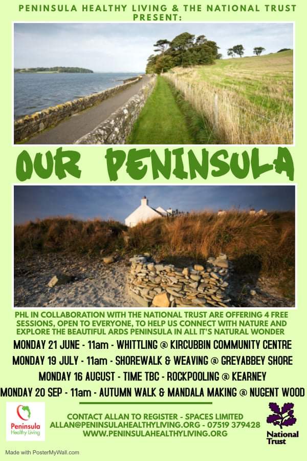PeninsulaHLP's tweet photo. Join us for 4 sessions in collaboration with @NationalTrustNI. We have a range of activities planned across the peninsula. 

To secure a place contact allan@peninsulahealthyliving.org or call 07519 379428 https://t.co/p3NzEzhstX