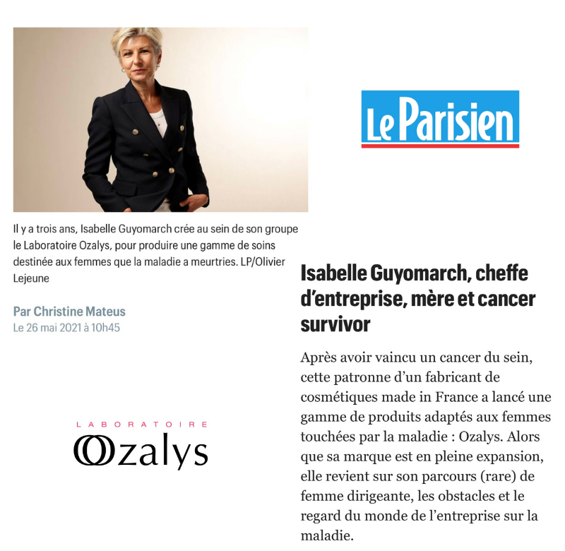 OzalysCosmetics's tweet photo. Merci Charlotte Mateus d'avoir mis en lumière le parcours de cheffe d'entreprise d' #ISABELLEGUYOMARCH dans votre rubrique "Les Sentinelles" du magazine @le_Parisien.
#leparisien #ozalys #cancersurvivor #cosmetique #entreprendreaufeminin https://t.co/ZbeTkgsMfg