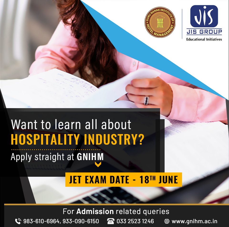 gnihm_jis's tweet photo. Learning all about the skills and trends of Hospitality industry becomes easy at GNIHM. So apply today for JET Exam and be part of GNIHM.
Date - 18th June
#GNIHM #JISGroup #JIS #JETExam #HospitalityIndustry #JIS #JISGroup #Kolkata https://t.co/c6VxQjSUNH