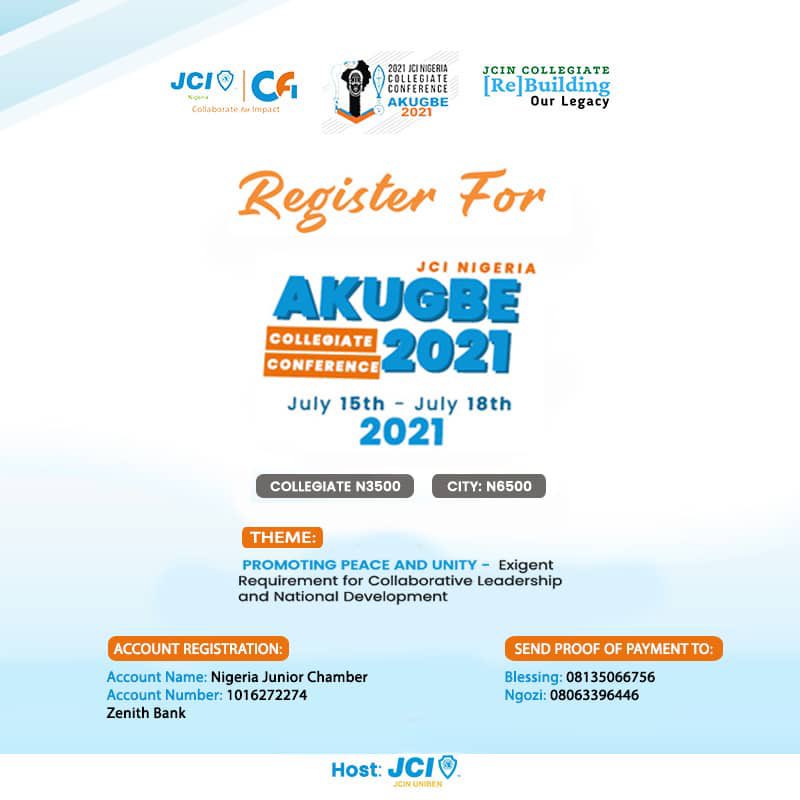 Why miss the most Anticipated conference of the year?🤔

Preparations are underway to give you the best conference ever!

Registration is still on👇🏽

```Make payment to```
*Account Name:* Nigeria Junior Chamber
Account Number: 1016272274
Bank: Zenith Bank