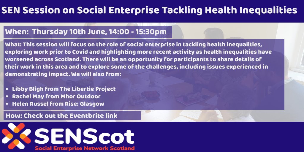 SENScot's tweet photo. Join next week's All SEN Session on Social Enterprise Tackling Health Inequalities to hear from @Libertieproject, @MhorOutdoor &amp; https://t.co/Dd48VOTdAc. Come along and tell us about your work in this area! Register here - https://t.co/9FseEaty0L #socent #health #inequalities https://t.co/kxf6jI28uI