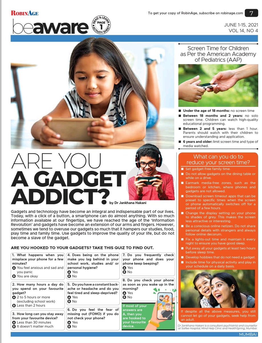 DrJankhana's tweet image. Are you a Gadget Addict?
Gadgets have become an integral part of our lives.
Reduce gadget use
What are the Screen Time guidelines for Children?
#gadgetaddiction
#screentime
@FollowRobinAge 
@EconomicTimes 
@timesofindia 
@NatGeo 
@mid_day 
@Mumbaikhabar9 
@MumbaiNpc 
@iamajmer