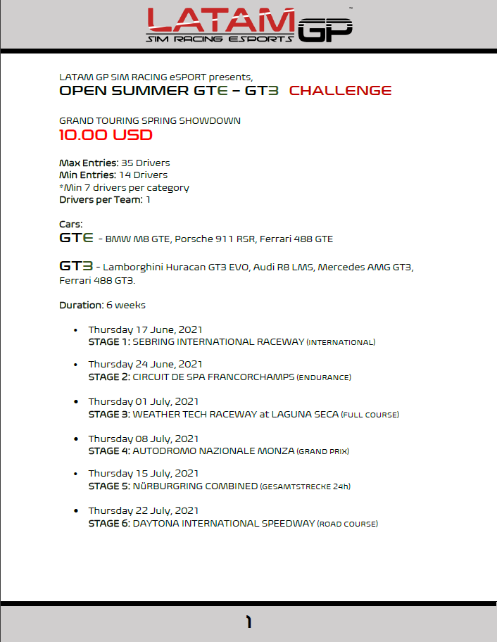 WHAT WE ALL HAVE BEEN WAITING FOR IS HERE
SUMMER SEASON
REGISTER NOW
SPOTS ARE RUNNING OUT!

Register on latamgp.com
#simracing #iracing #gt3 #latamgp20